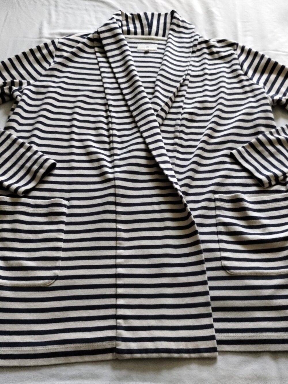 LOU & GREY Navy & White STRIPED Long Sleeve PONTE Knit BLAZER Sz MEDIUM